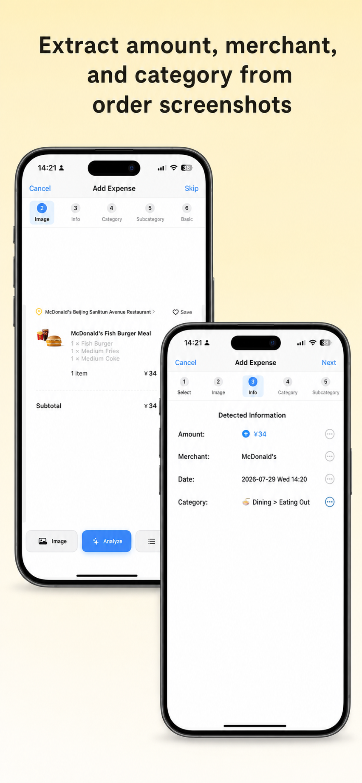 Handy Expense Tracker extracts amount, merchant, date, and category from an order screenshot
