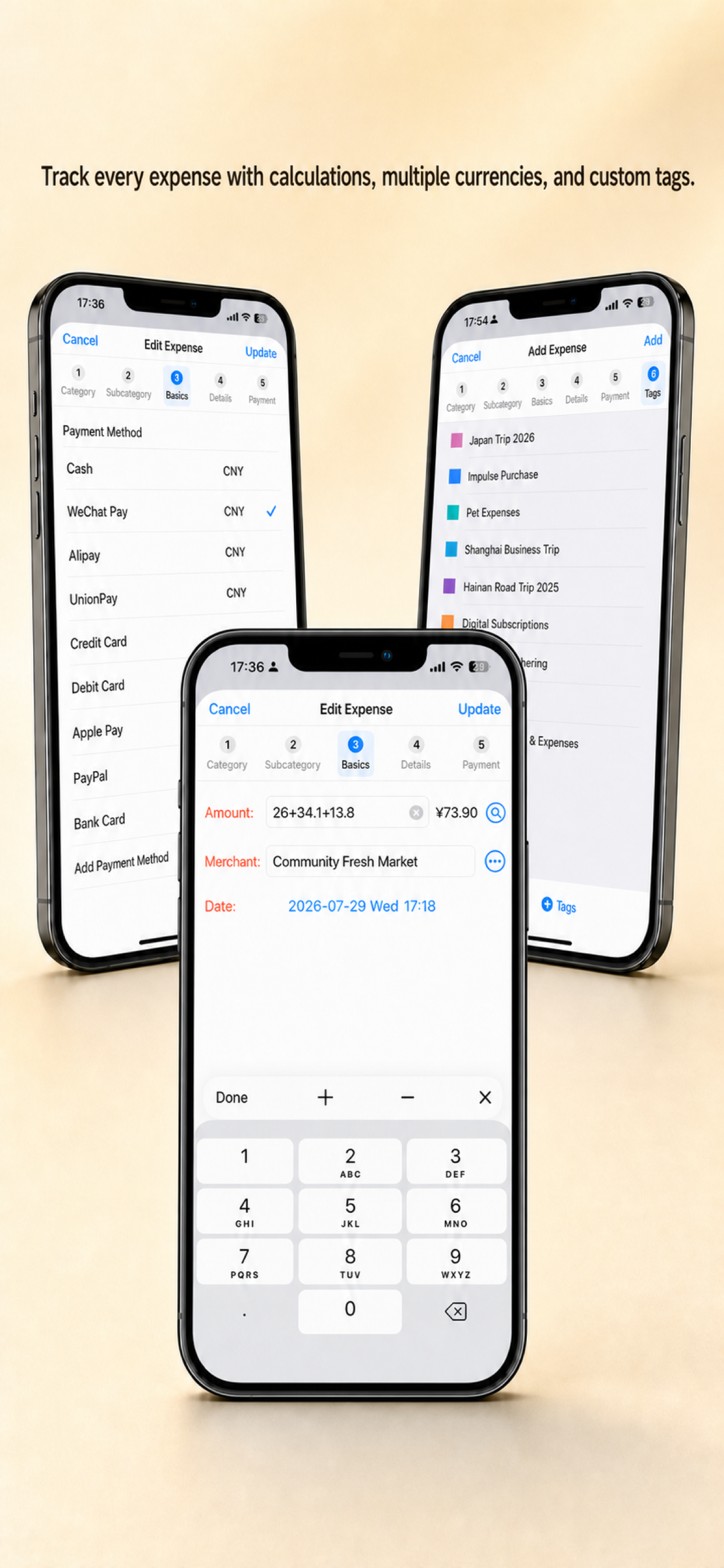 Handy Expense Tracker amount formulas, multi-currency payment methods, and custom labels