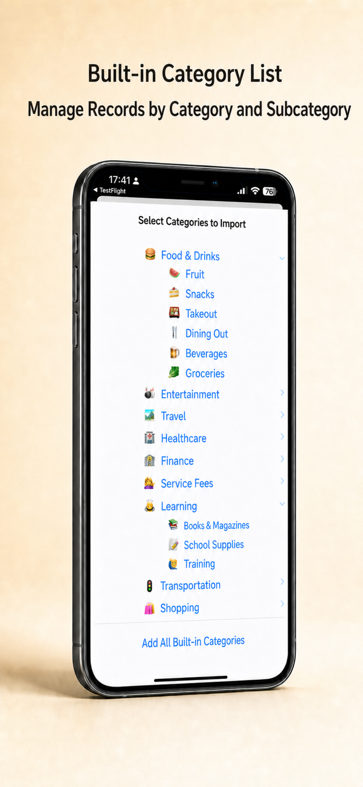 Handy Expense Tracker built-in category and subcategory list