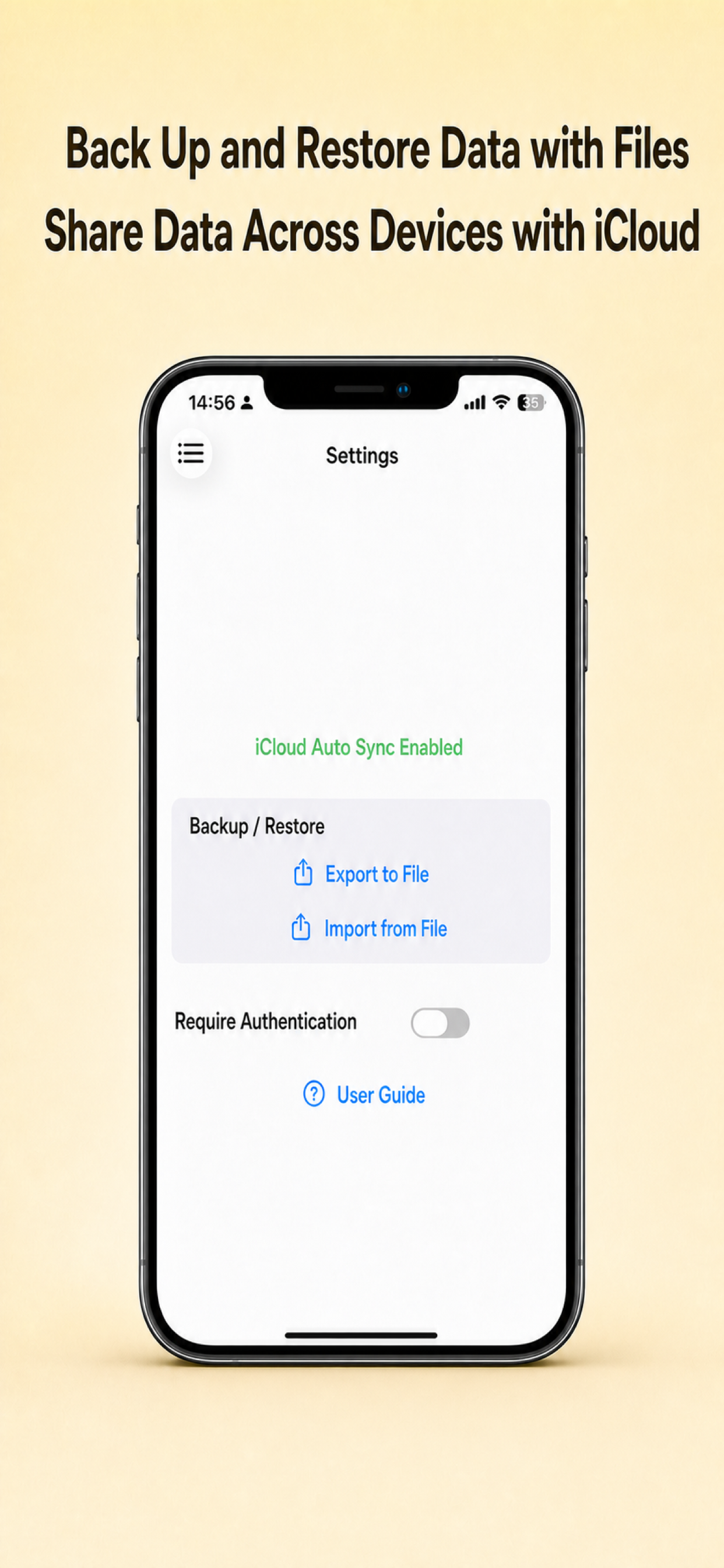 Handy Expense Tracker iCloud sync, file backup, and authentication in settings